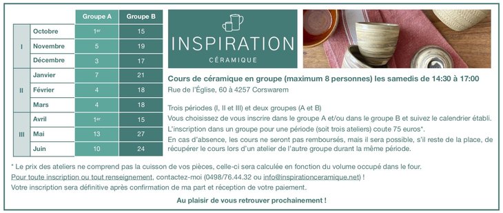 Stages,cours Ateliers cramique collectifs (maximum 8 participants)