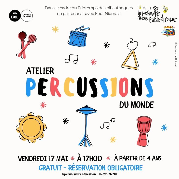 Stages,cours Atelier Percussions monde - Printemps bibliothques