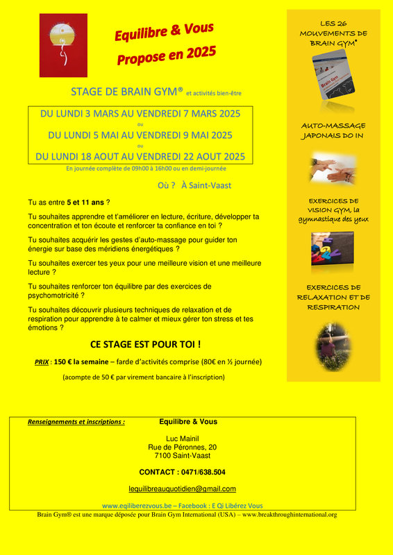 Stages,cours Stage Brain Gym® activités bien-être