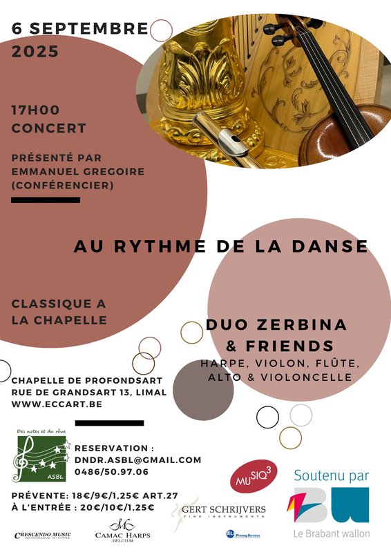Concerts Au rythme la danse - Zerbina (violon-harpe) & Friends (flûte-alto-cello)