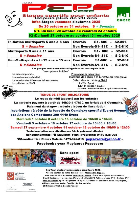 Stages,cours Peps Evere informations stages vacances Toussaint Automne