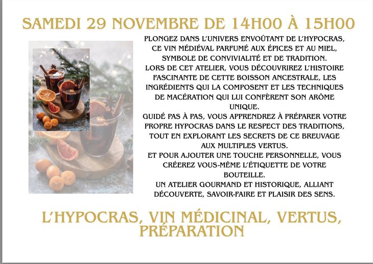 Stages,cours L Hypocras, médicinal, vertus, préparation