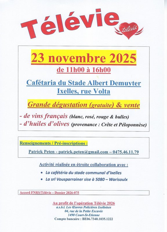 Loisirs Dégustation gratuite vente vins & huile d olive profit Télévie