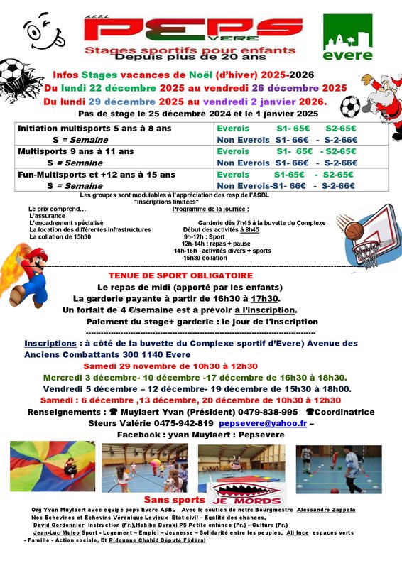Stages,cours Peps Evere informations stages vacances vacances noël hiver 2026