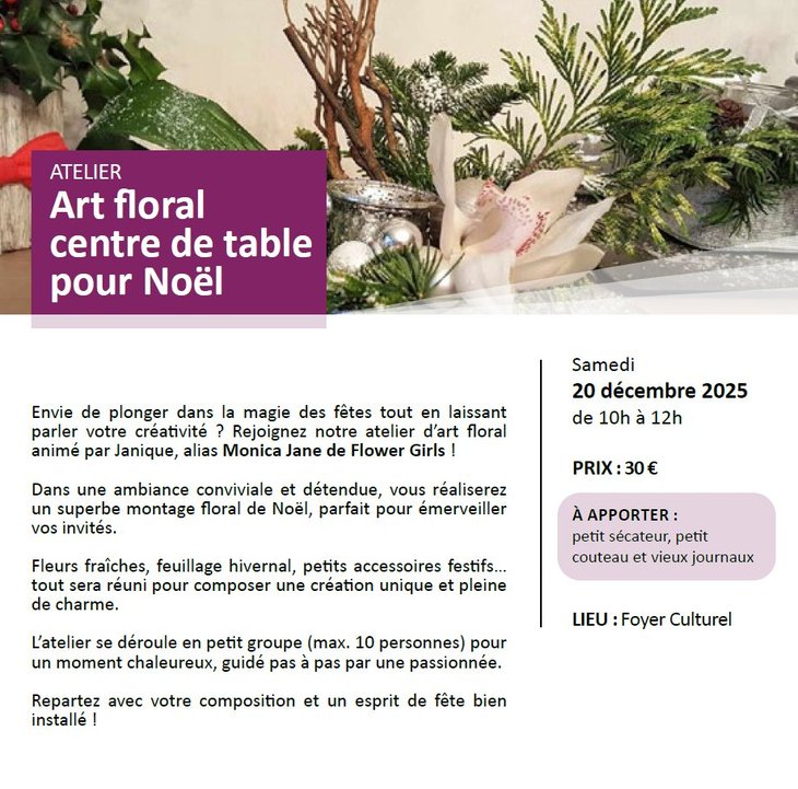Stages,cours Atelier floral : centre table pour Noël avec Monica Jane Flower Girls