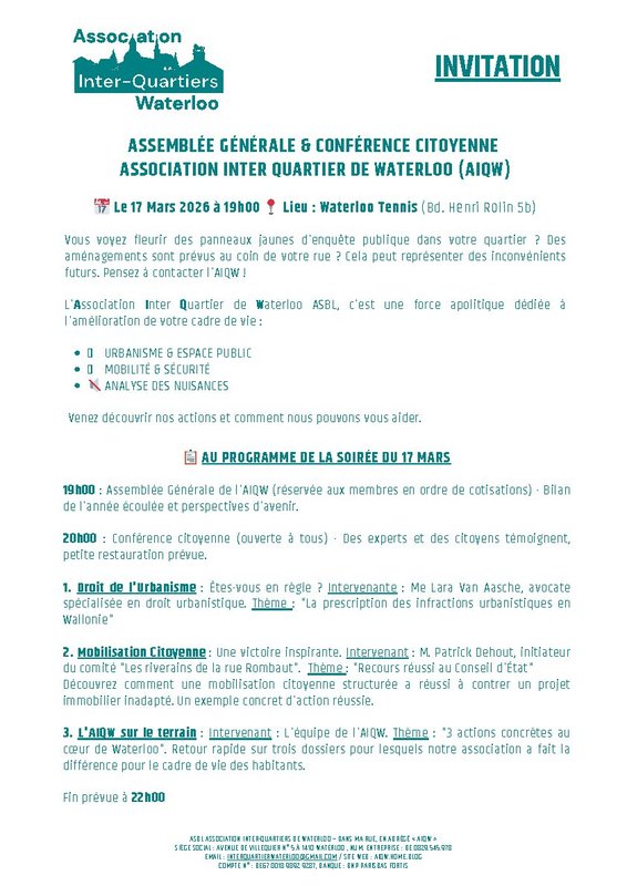 Conférences Conférence citoyenne l AIQW ( Association inter-quartiers Waterloo) Asbl