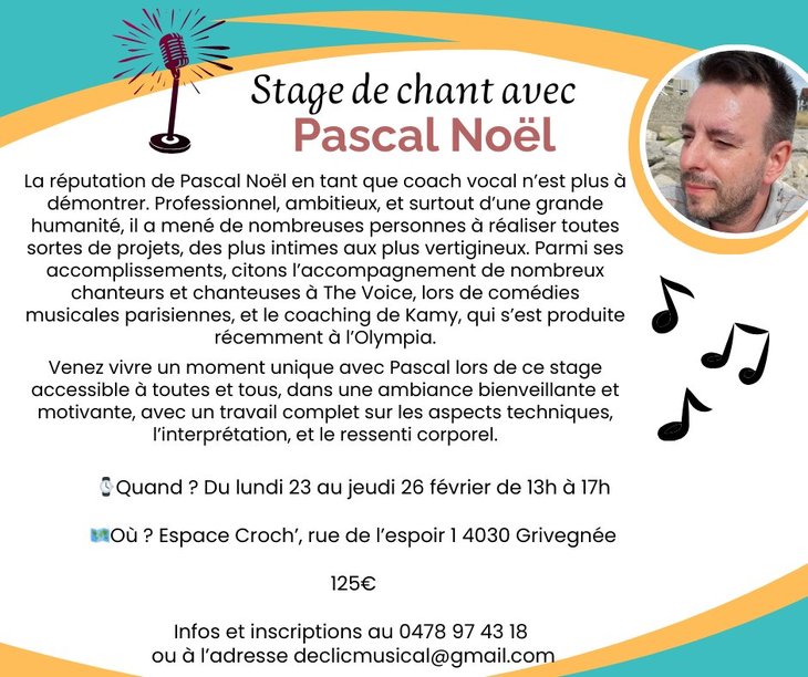 Stages,cours Stage chant avec Pascal Noël