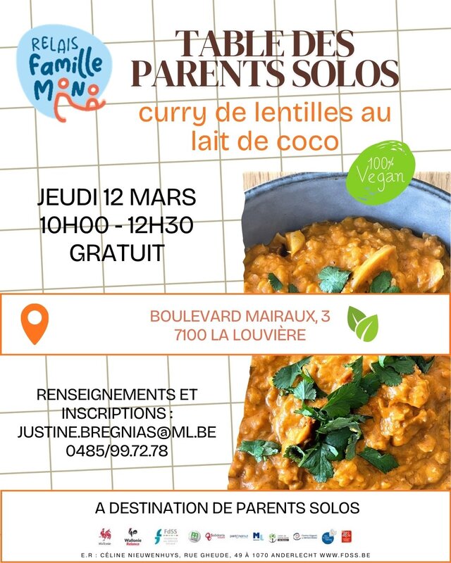 Stages,cours Relais Familles Louvière | Table parents solos - Curry lentilles au