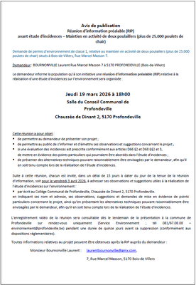 Conférences Projet maintien activité deux poulaillers Bois-de-Villers - Réunion d informati