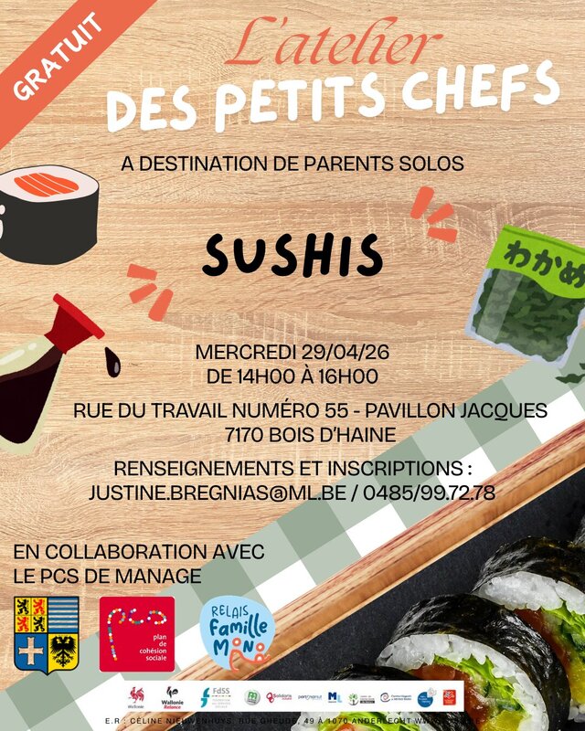 Stages,cours Relais Familles Louvière : Atelier p tits chefs maison