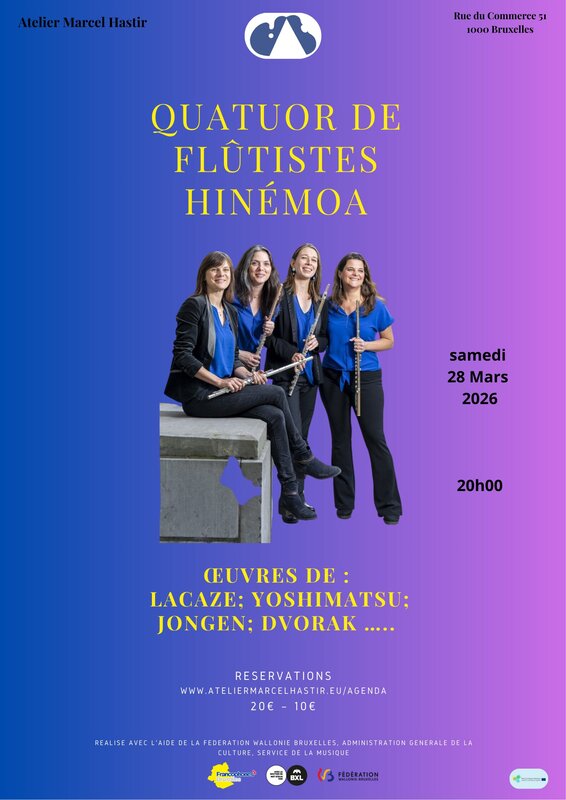 Concerts Quatuor flûtistes Hinémoa Oeuvres Lacaze; Yoshimatsu; Jongen; Dvorak …..
