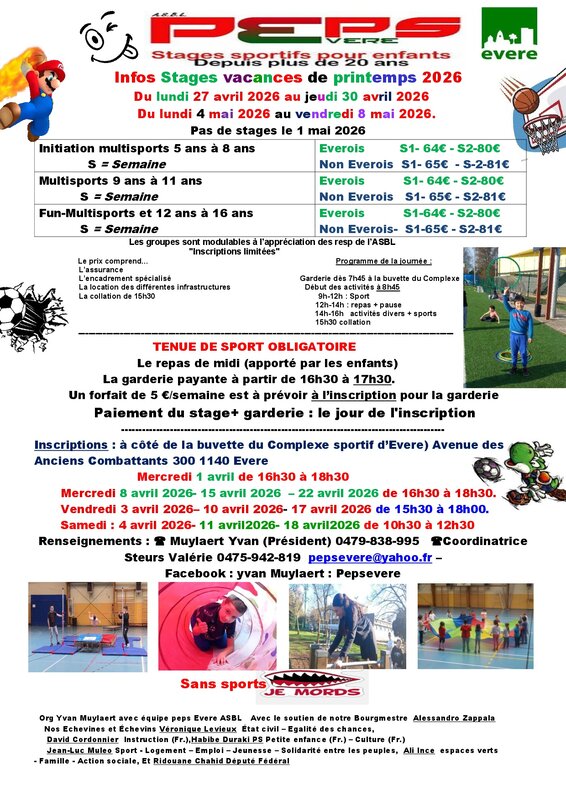Stages,cours Peps Evere stages vacances printemps