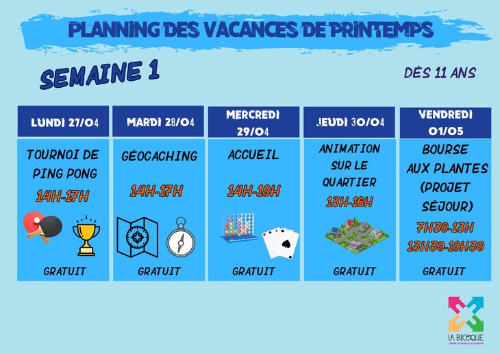 Stages,cours Planning vacances printemps.