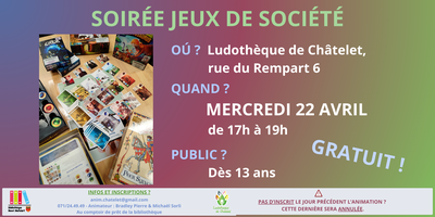 Loisirs Soirée jeux société la bibilothèque Châtelet