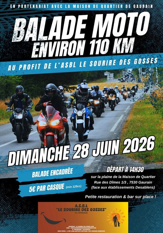 Loisirs Balade moto encadrée profit l ASBL Sourire Gosses