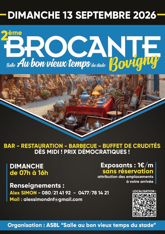  2ème brocante profit l ASBL  salle bon vieux temps stade .