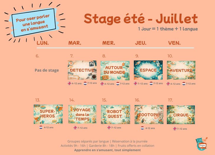 Stages,cours Stage été - Juillet | la journée (Anglais/Néerlandais) pour enfants