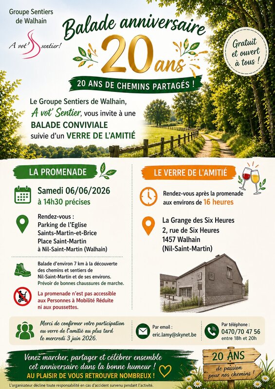 Loisirs Promenade anniversaire 20 du Groupe Sentiers Walhain Vot sentier ! 