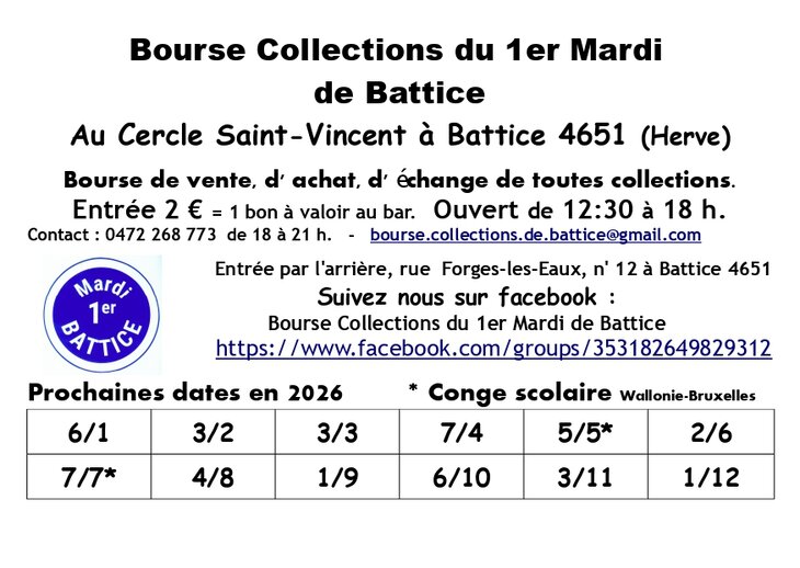 Loisirs Bourse Collections 1er Mardi Battice.
