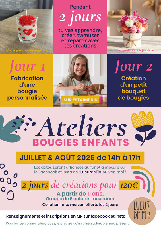 Stages,cours Ateliers créatifs Enfants : fabrication bougies bouquets bougies