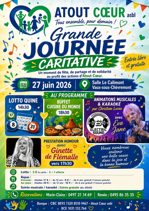 Soirées Grande journée caritative Atout Cœur Lotto, buffet, humour, musique & karaoké