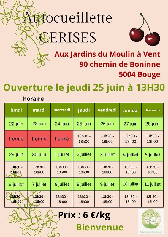 Loisirs Autocueillette cerises Jardins Moulin Vent