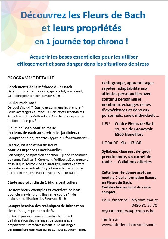 Stages,cours Découvrez Fleurs Bach leurs propriétés 1 journée chrono