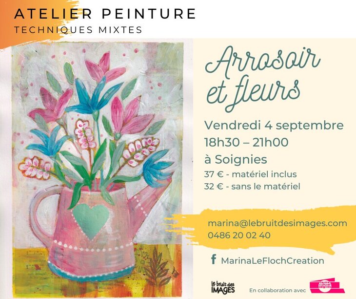 Stages,cours Atelier peinture mixed-media : arrosoir fleurs