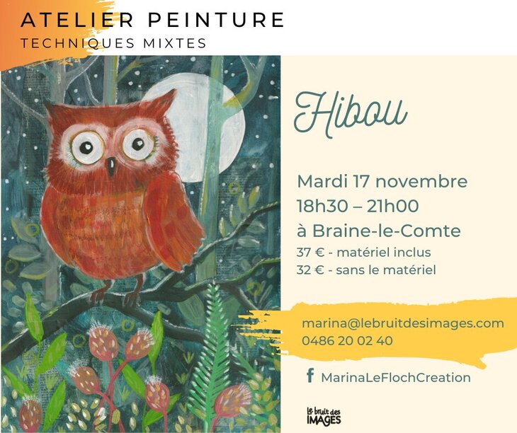 Stages,cours Atelier peinture mixed-media : Hibou