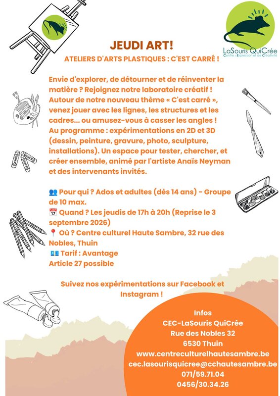 Stages,cours Ateliers Jeudi : Arts Plastiques Ados & Adultes