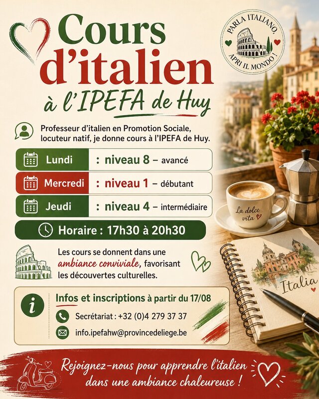 Stages,cours Cours d italien Promotion Sociale