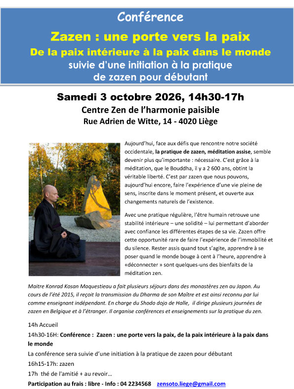 Stages,cours Zazen : porte vers paix, la paix intérieure la paix dans monde