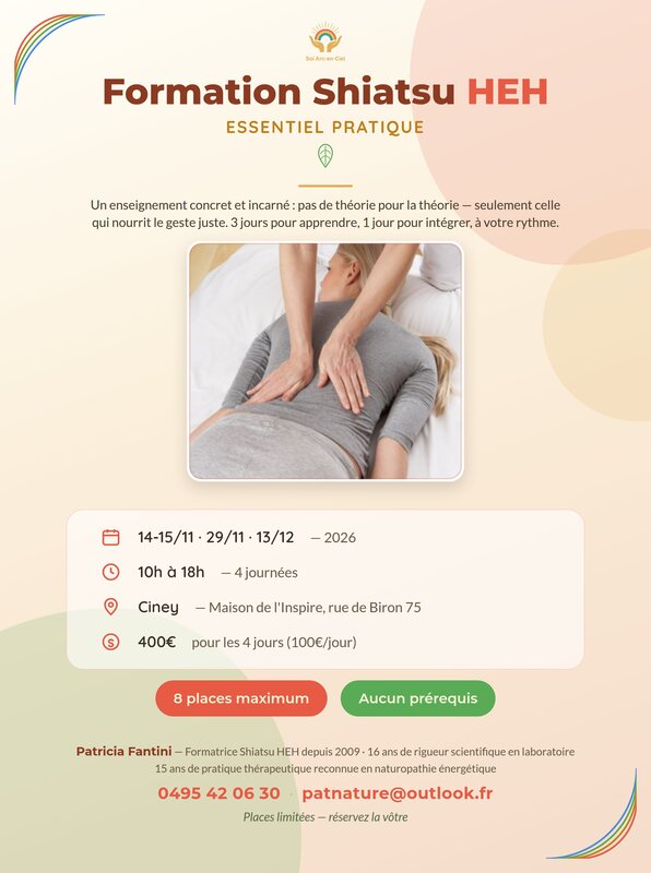 Stages,cours ✨ Nouveauté Ciney : Formation Shiatsu – Essentiel Pratique ✨
